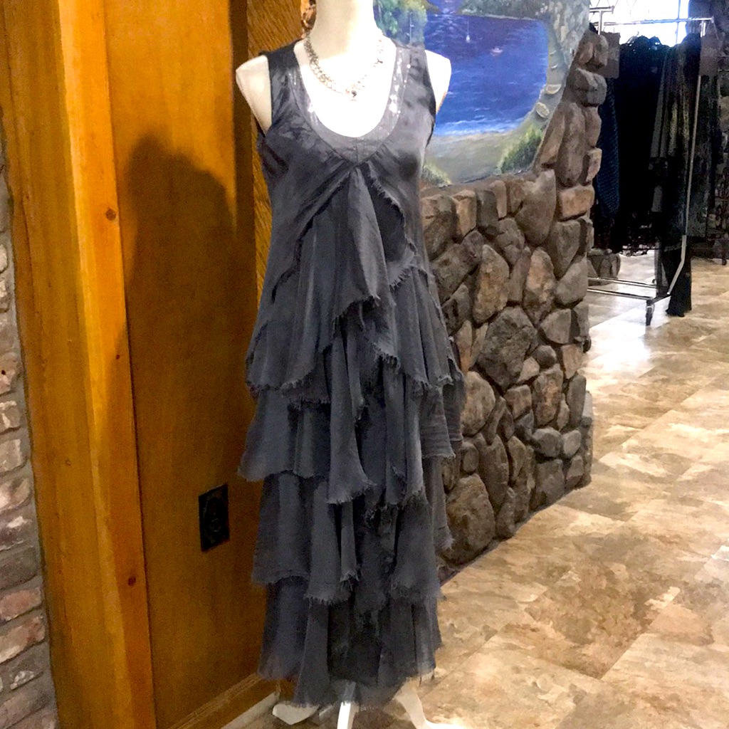 Nwt Made In Italy Charcoal A-Line Silk Ruffle Dress Os